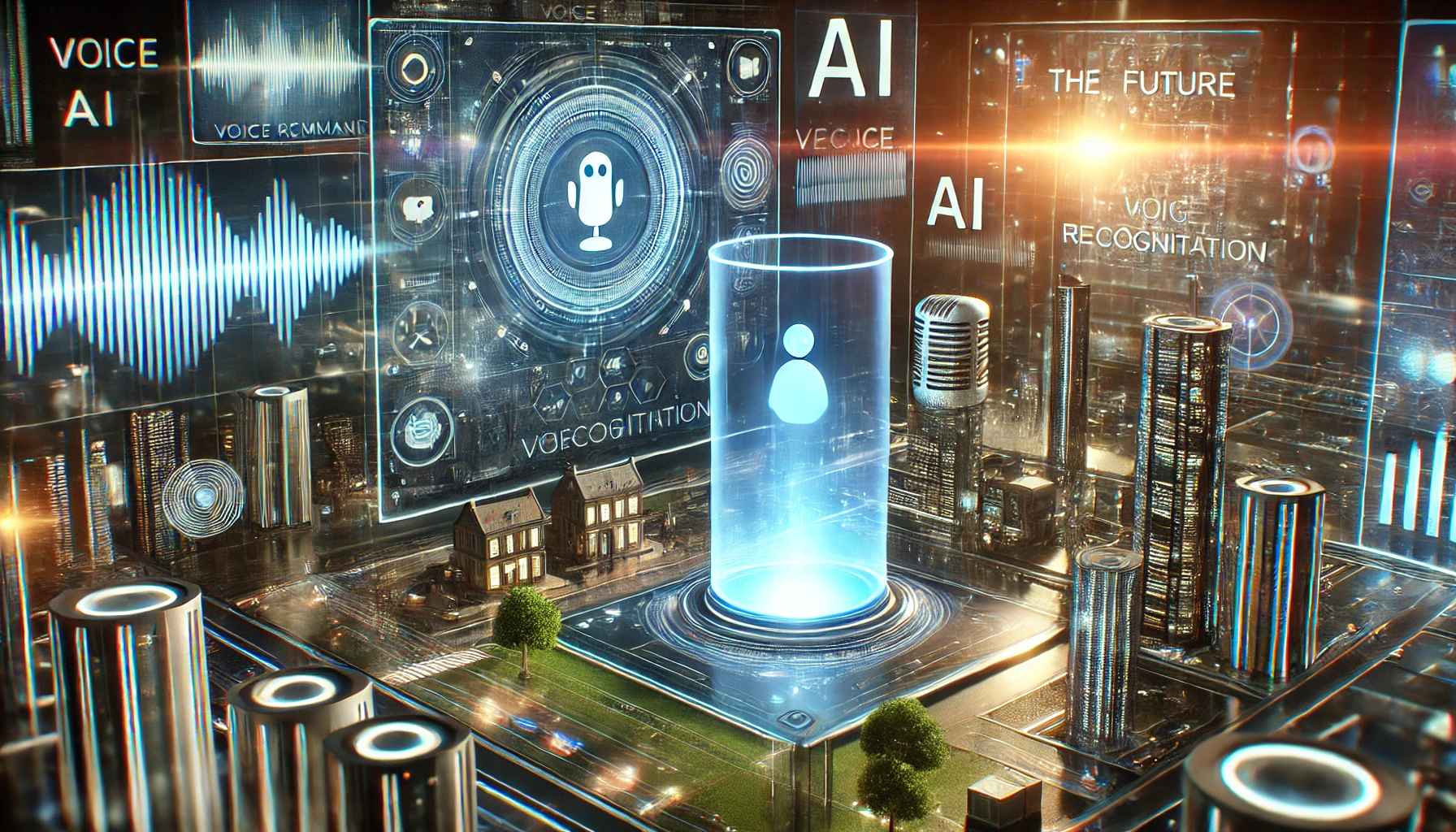 A high-tech city with holographic assistants and AI-driven devices, showcasing the future of Voice Recognition Technology.