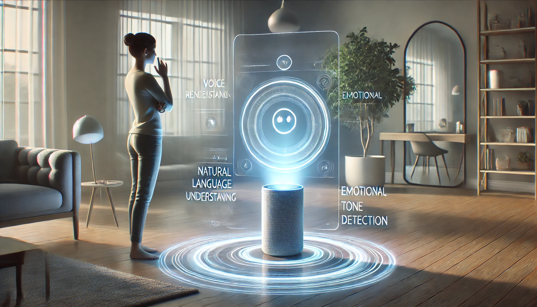 A person interacts with a futuristic voice recognition technology assistant displaying a holographic interface in a smart home.