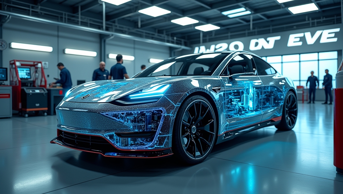 Futuristic electric vehicle in a high-tech workshop, showcasing advanced battery and AI systems.