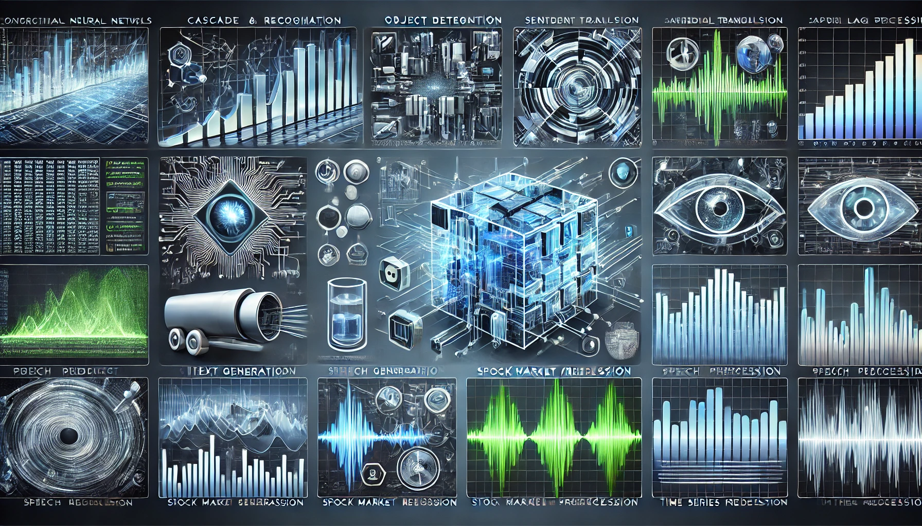 Visual representation of CP-C-RNN applications in image analysis, NLP, speech, and forecasting.