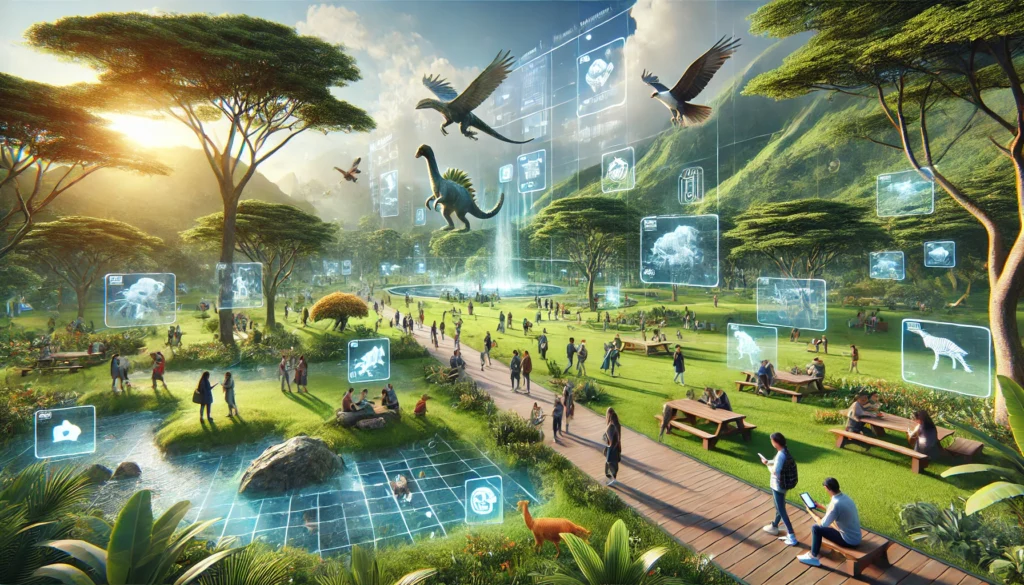 Visitors exploring nature with immersive experiences at an augmented reality park.