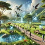 Visitors exploring nature with immersive experiences at an augmented reality park.