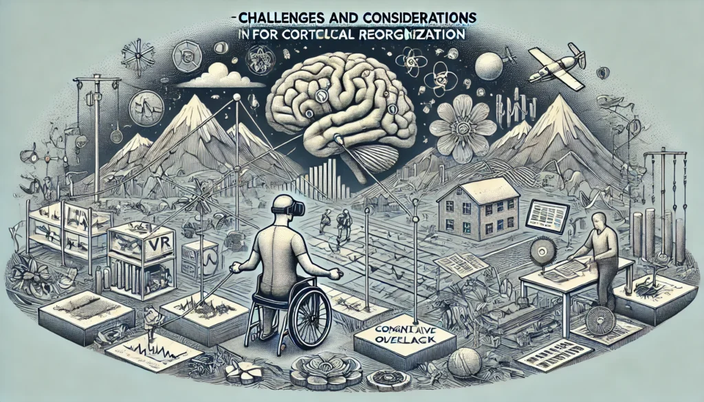 Illustration showing the challenges and considerations in virtual reality and cortical reorganization