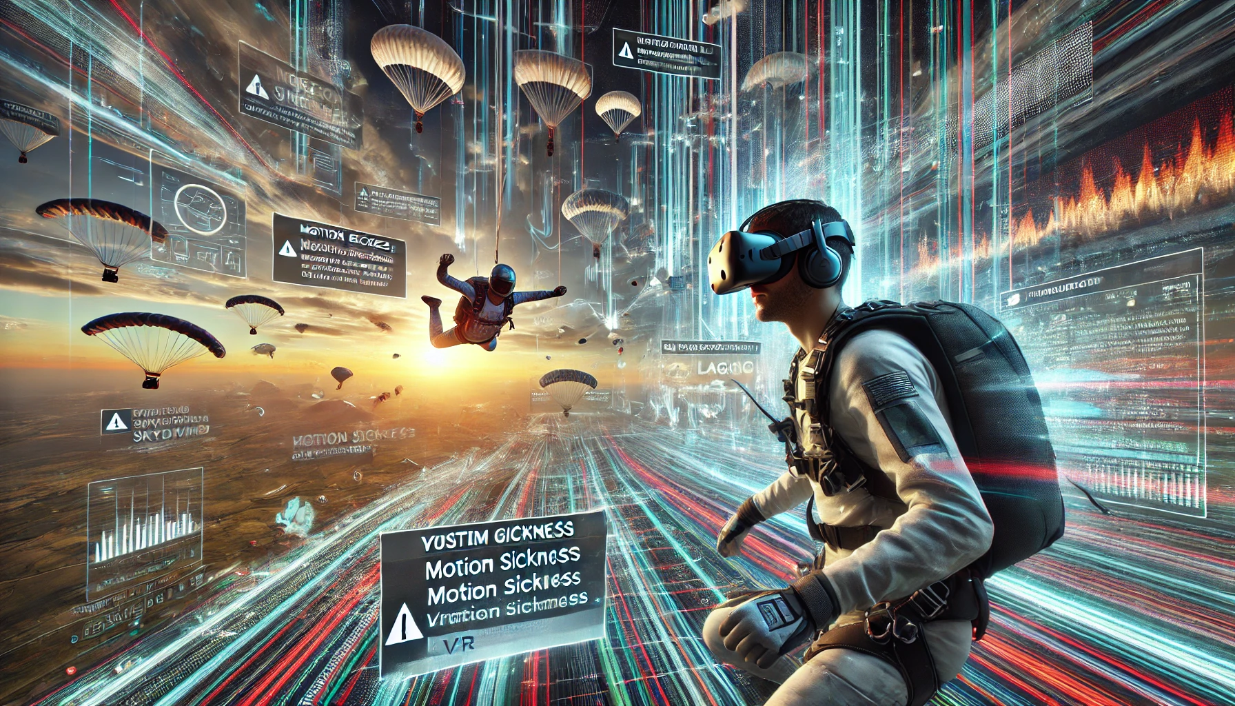 A user experiencing motion sickness in virtual reality skydiving, with glitchy visuals and system errors around them.