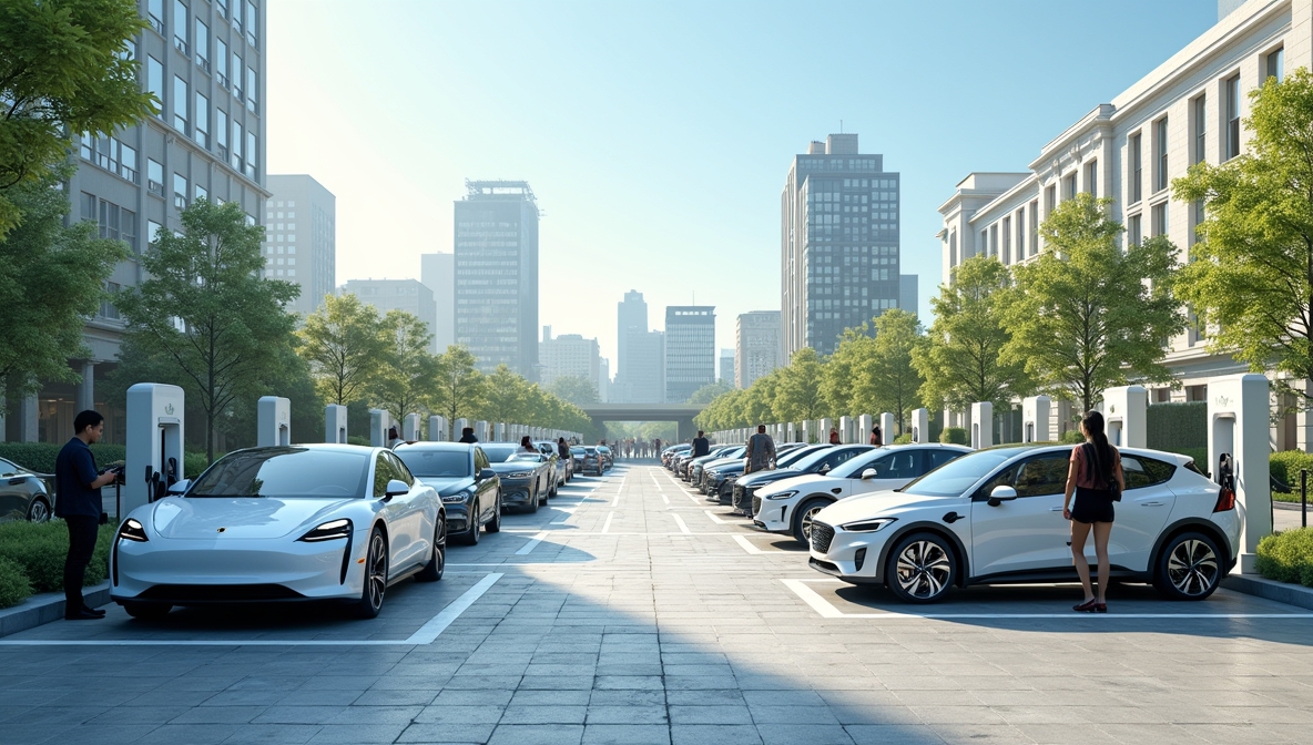 Electric vehicles charging at modern stations in a busy urban setting, highlighting EV infrastructure.