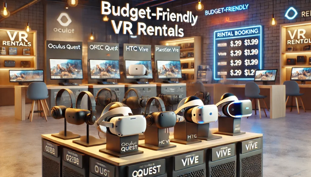 Affordable virtual reality rental options with various VR headsets displayed for budget-friendly access