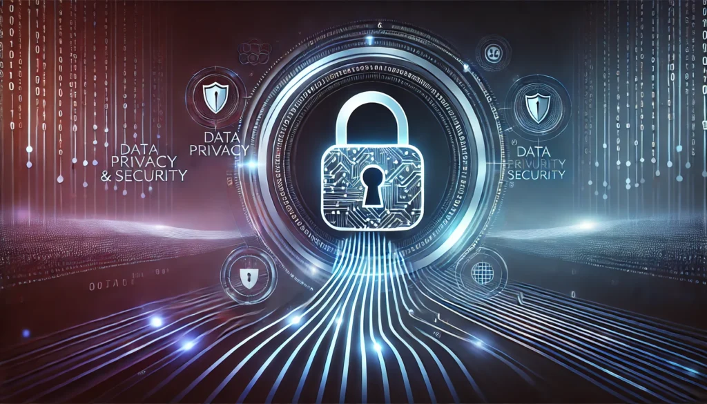 Glowing digital padlock surrounded by Data Privacy and Security text, shield icons, and streaming binary code