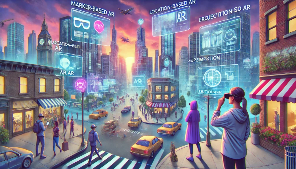 Illustration showcasing the different types of augmented reality and their impact on daily life