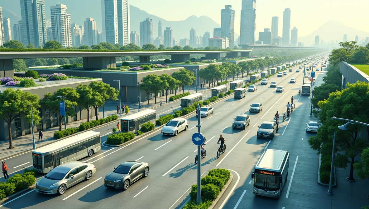 Futuristic urban landscape with electric cars, e-scooters, and sustainable infrastructure.