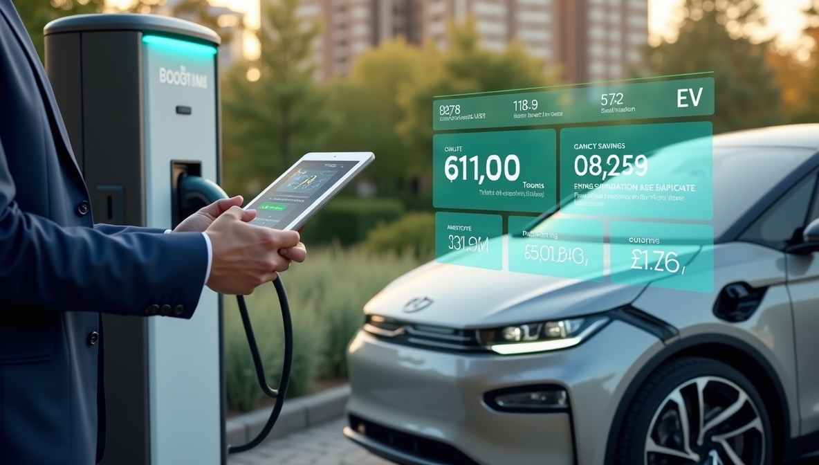 Electric vehicle charging with financial data on savings, showcasing economic benefits of EVs.