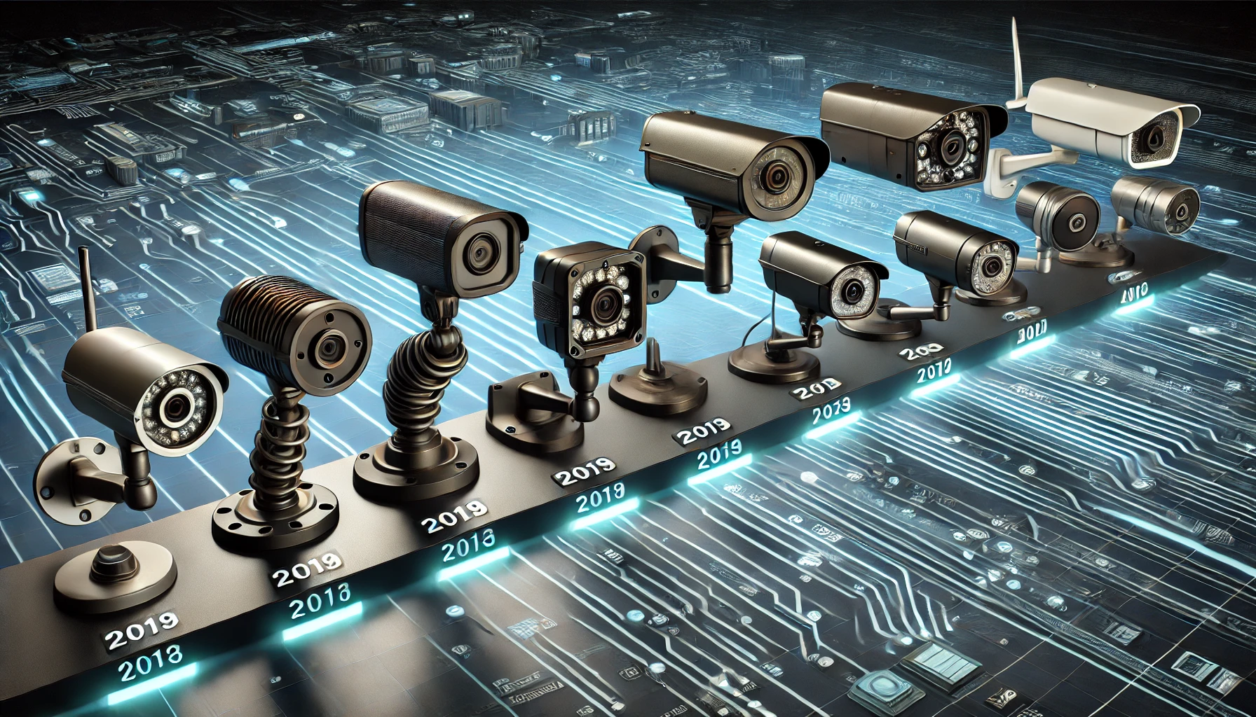 Evolution of Security Camera Technology showcasing motion tracking from analog to AI-powered systems.