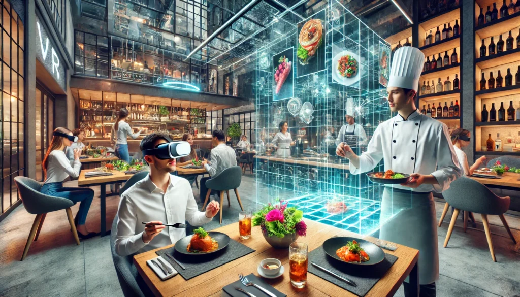 Restaurant Virtual Reality: Customers engaging with holographic menus and virtual food experiences.