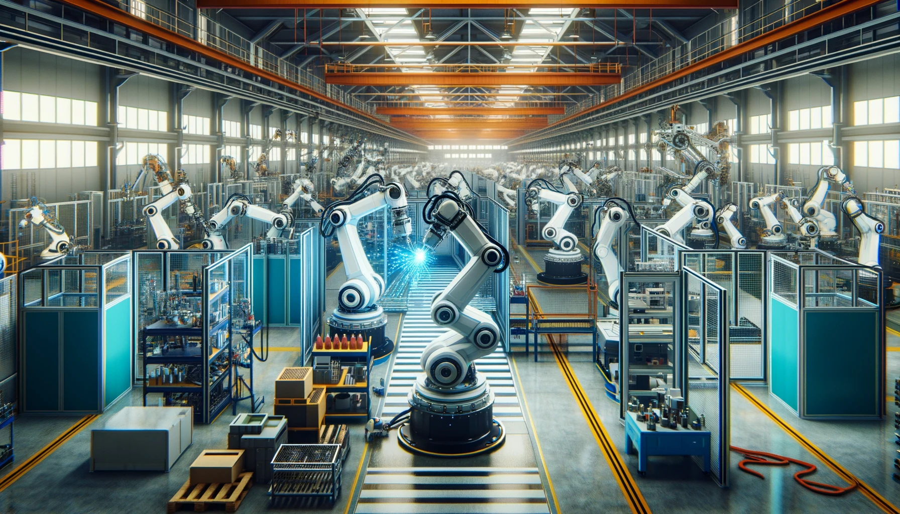 Factory floor with robots and automated machines performing assembly, welding, and painting tasks.