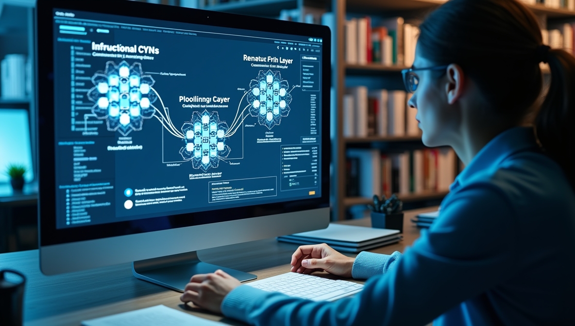 Professional analyzing Convolutional Neural Networks (CNNs) in a modern tech workspace.