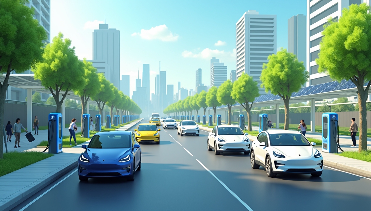 A realistic landscape image showing the current state of electric vehicle (EV) adoption. The scene depicts a bustling urban city with several electric vehicles (EVs) driving along the streets. In the background, there are visible EV charging stations with people charging their cars. The city is modern, with green trees and clean energy infrastructure like solar panels. The streets are busy with a mix of traditional and electric cars, giving the impression of a growing adoption of EVs. The image highlights the integration of electric vehicles into everyday life in an urban setting.