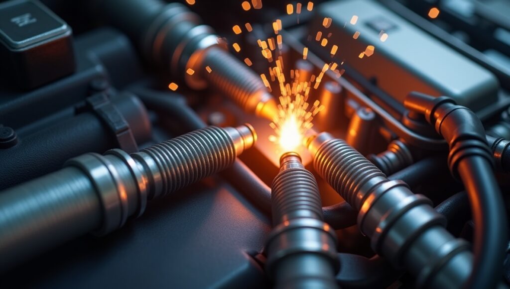 Close-up of a spark ignition systems with sparks igniting a fuel mixture inside an engine.