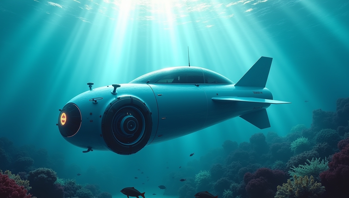 Hugin Endurance AUV navigating ocean depths with advanced tech and vibrant marine life.