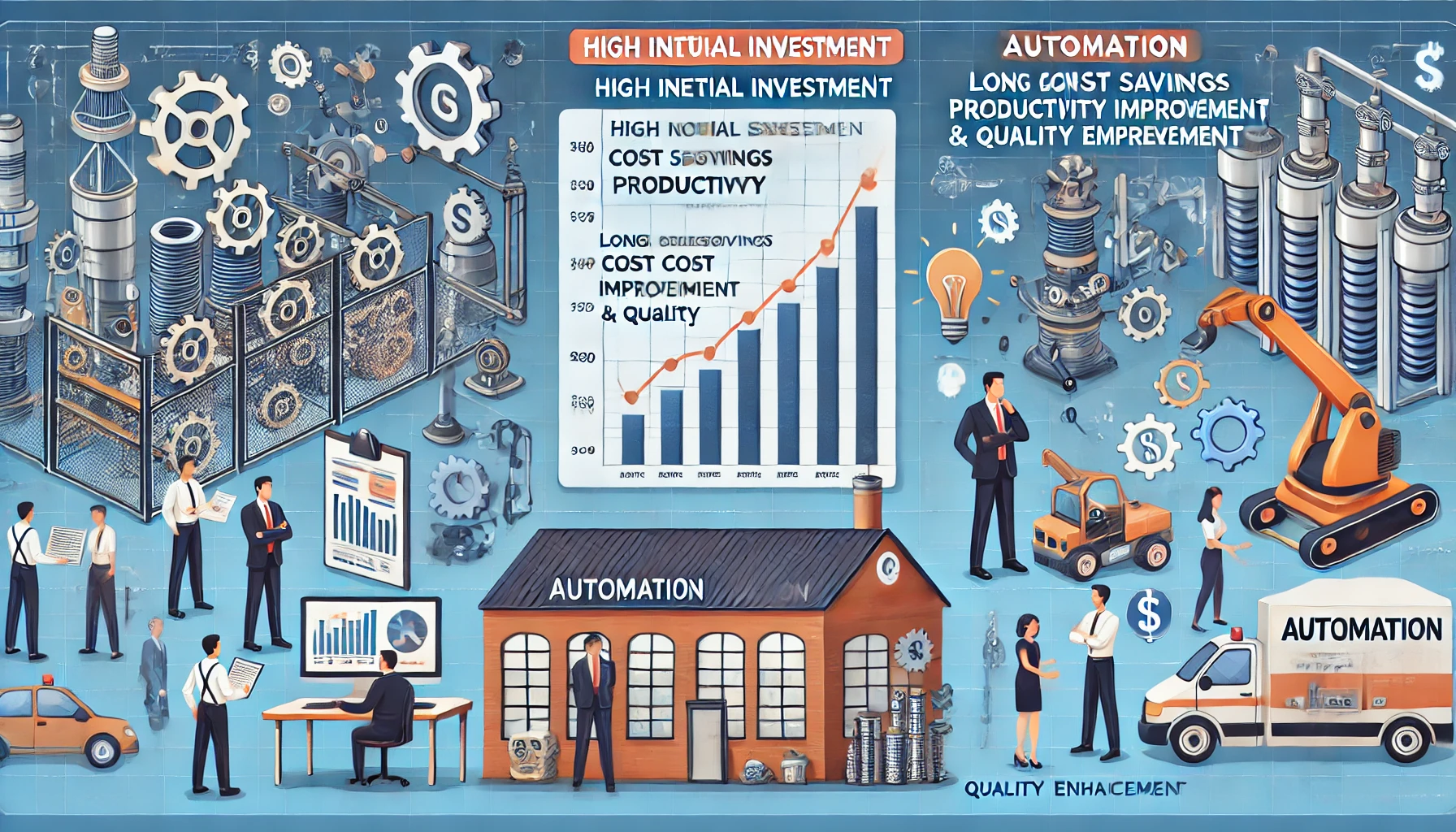 Illustration depicting high initial investment in automated systems versus long-term savings, productivity, and quality.