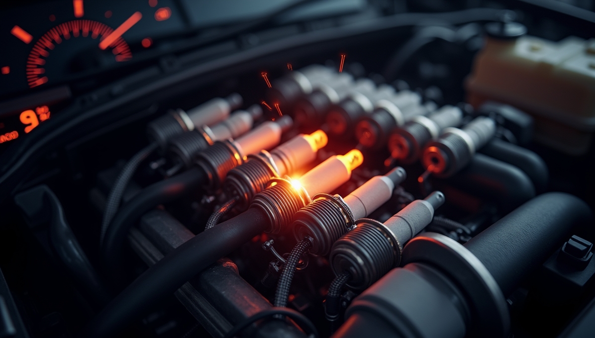 Close-up of an engine with spark plugs igniting the fuel-air mixture, highlighting engine efficiency.