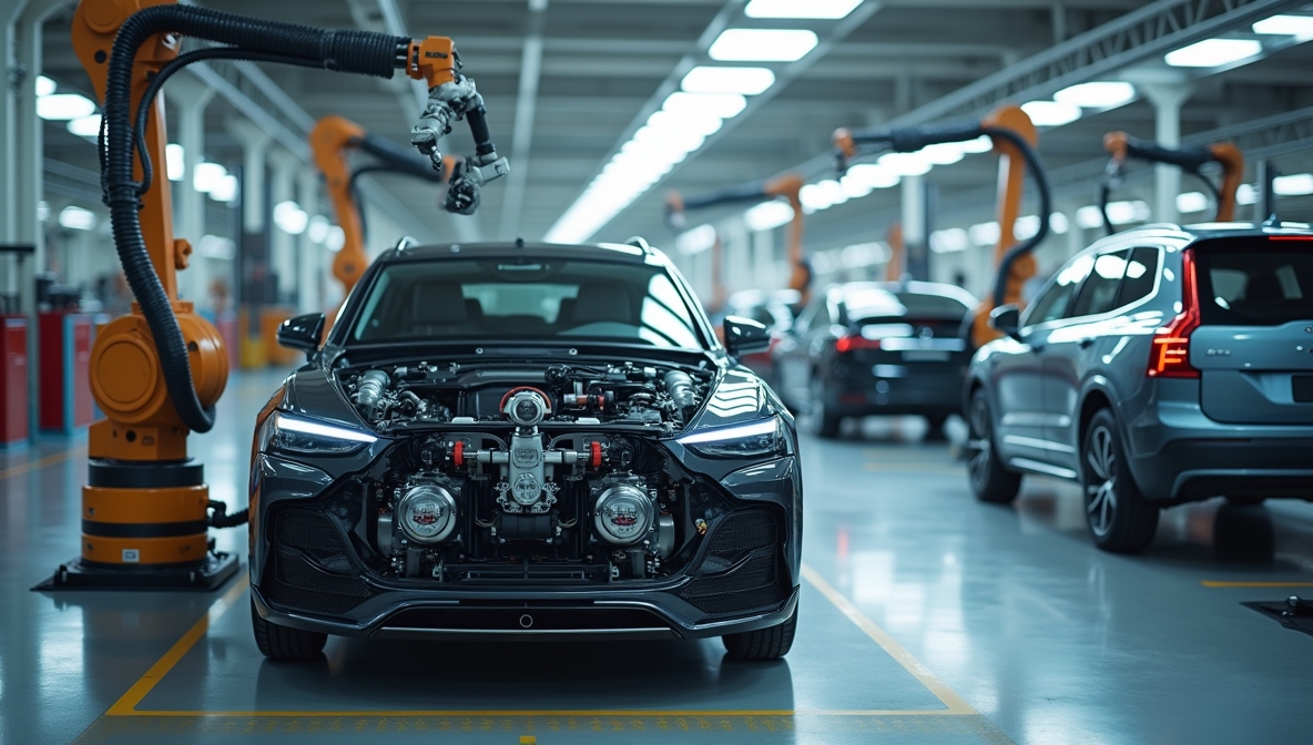 Car manufacturing plant with robotic arms assembling electric vehicles, showcasing industry shift.