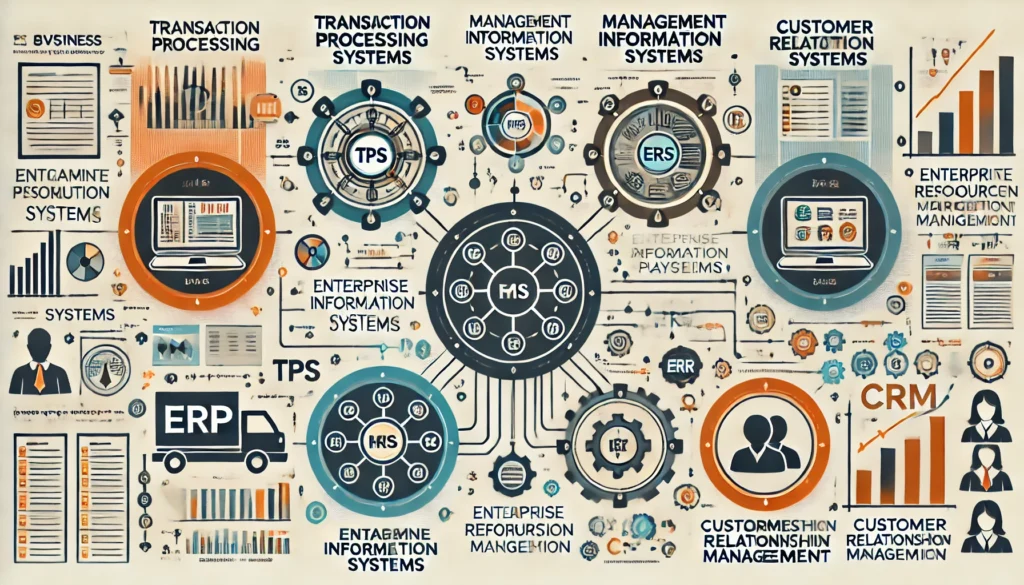 Infographic of four types of automated information systems: TPS, MIS, ERP, and CRM, with business icons and symbols.