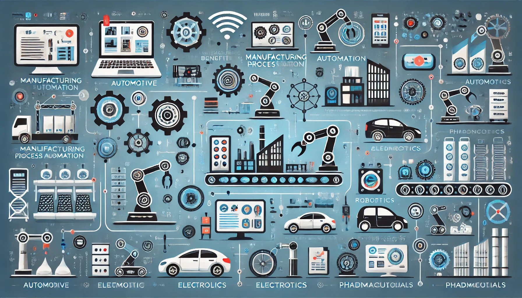 Infographic showing industries like automotive, electronics, and pharmaceuticals benefiting from automation."