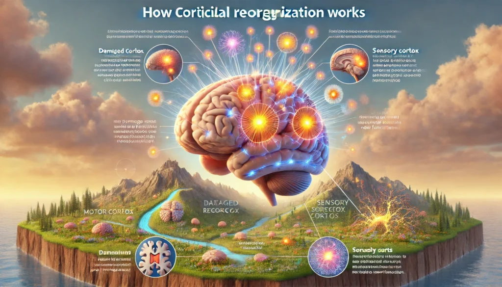 Illustration showing how virtual reality and cortical reorganization work to retrain the brain