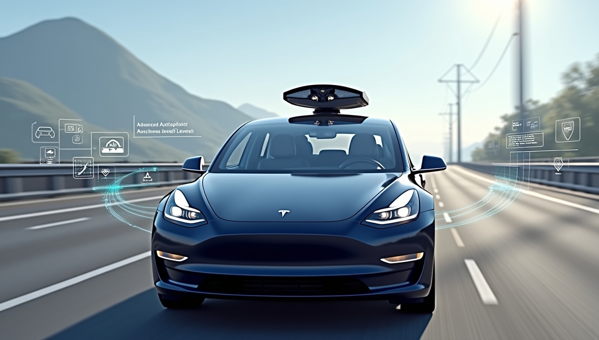 Tesla vehicle navigating autonomously on a highway with advanced Autopilot and FSD features.