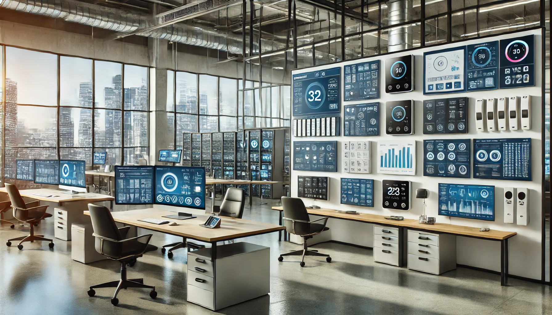 Modern office showcasing various HVAC Building Automation Systems, featuring control panels and smart displays