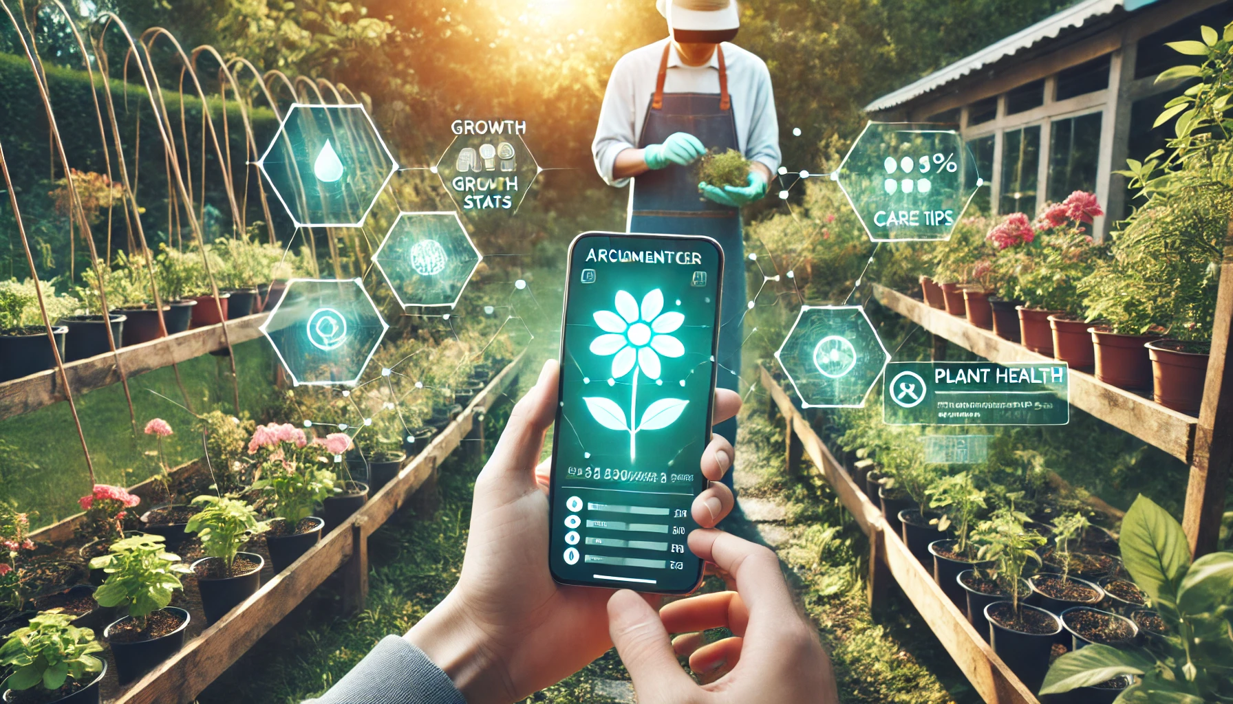 Plant Augmented Reality helping a gardener monitor plant health and care in a vibrant garden