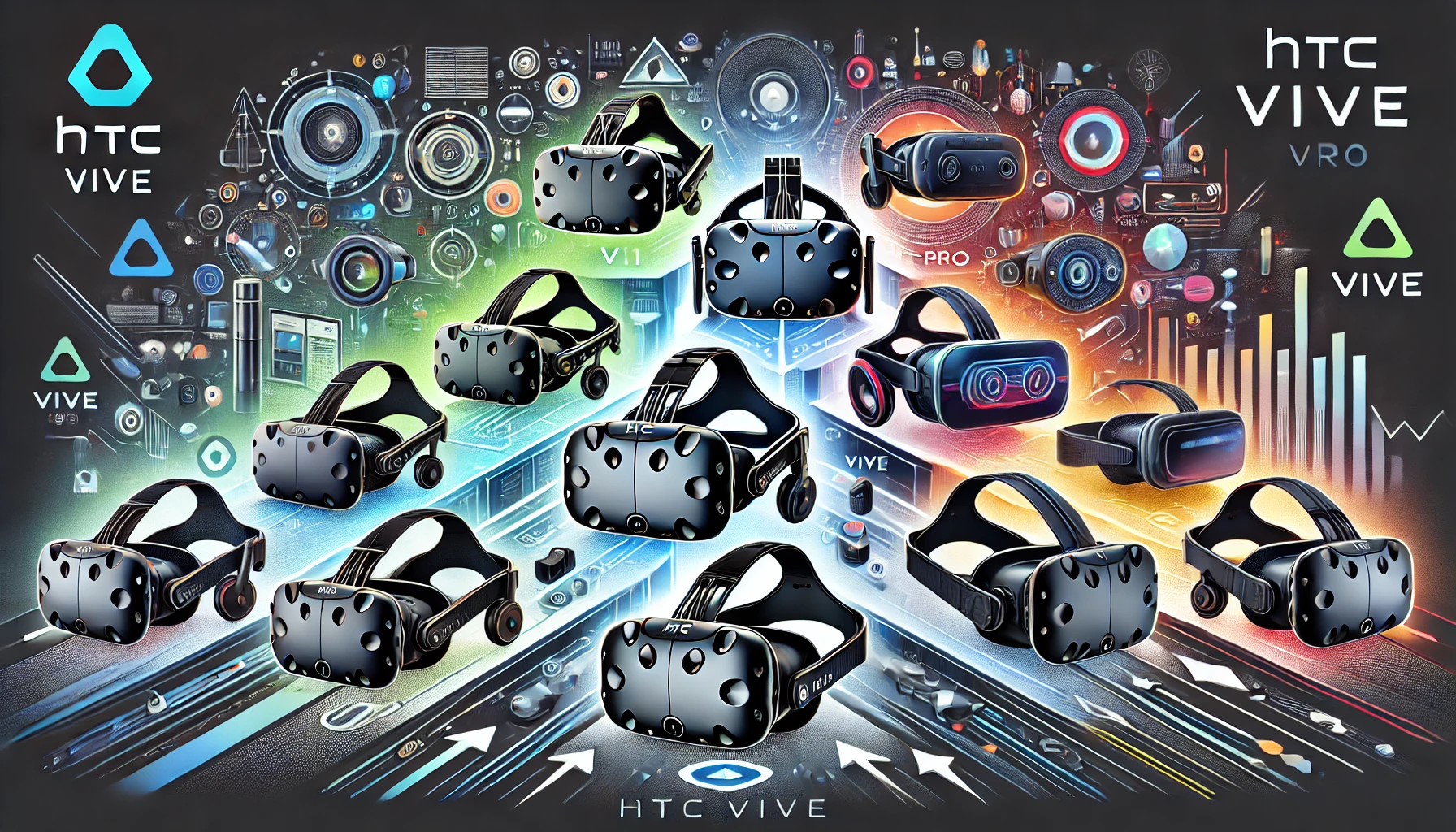 The evolution of HTC Vive, showcasing key models from V1 to V2, including wireless and AR features