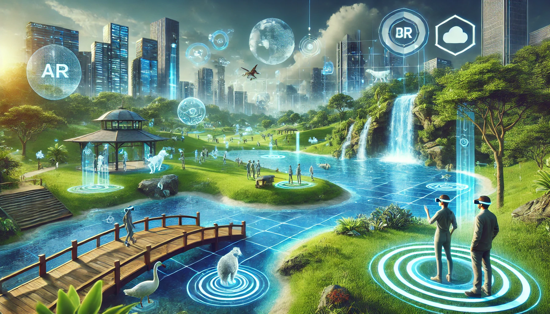 A futuristic view of an augmented reality park, showcasing immersive technology and digital experiences