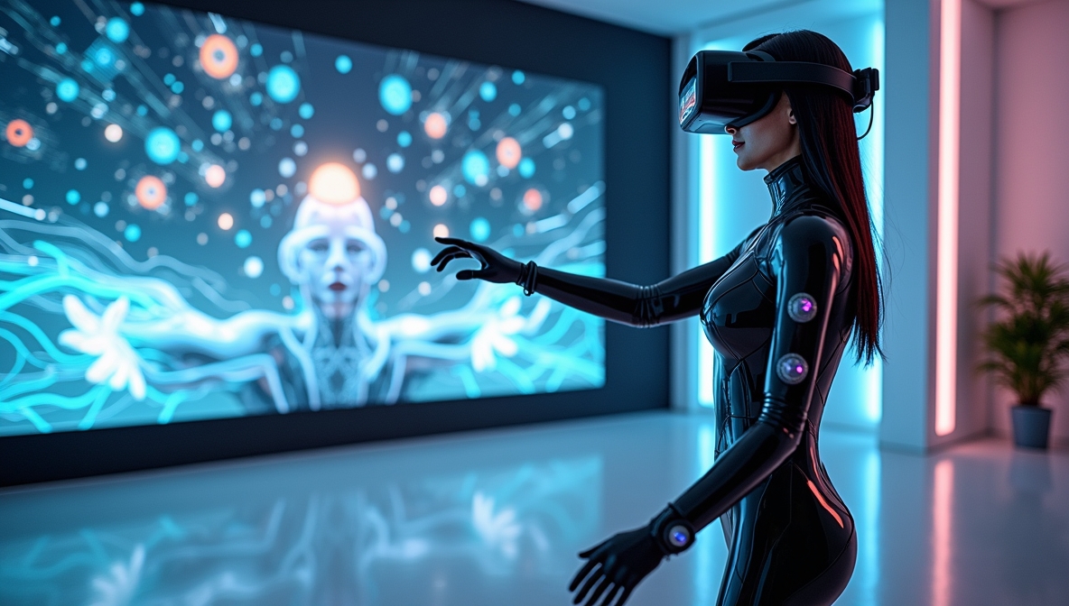 User in a full-body motion tracking suit interacting with a futuristic VR environment