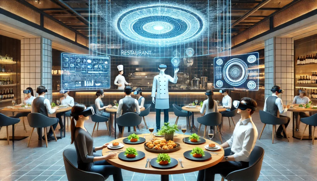 Restaurant Virtual Reality: A futuristic dining experience with VR headsets, holograms, and robots