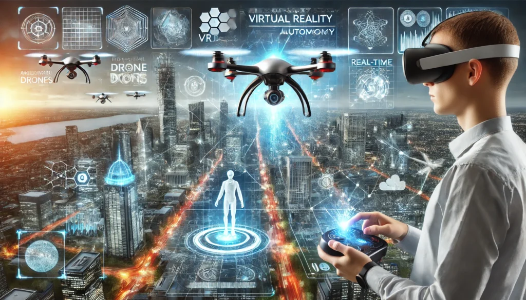 A futuristic virtual reality drone flies over a smart city, showcasing advanced AI and immersive VR control.