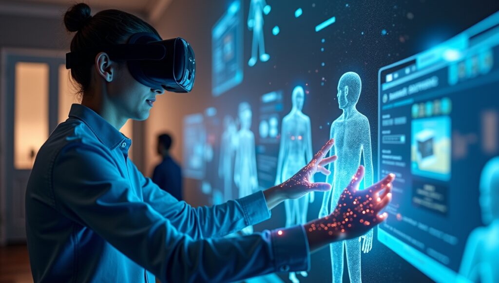 Person interacting with a VR world, showcasing motion tracking technology and immersive elements