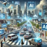 Futuristic city showcasing the new age of AI transforming everyday life with smart tech and sustainability