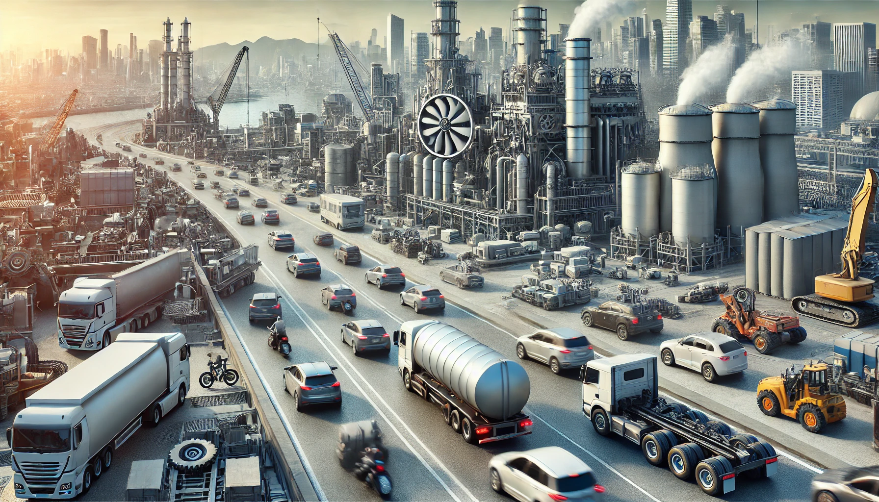 Vehicles and industrial machinery powered by internal combustion engines in a busy urban setting.