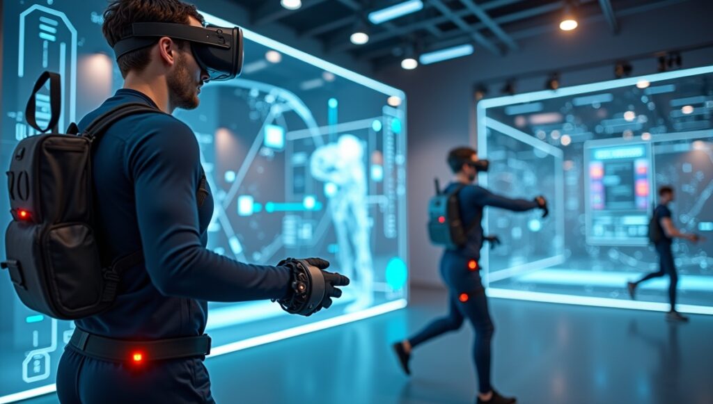 User in a motion-tracking suit showcasing intelligent motion tracking in a virtual environment.