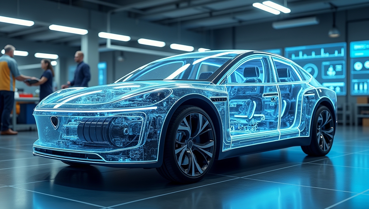 Electric vehicle with transparent panels showing advanced tech, including motor, battery, and AI.