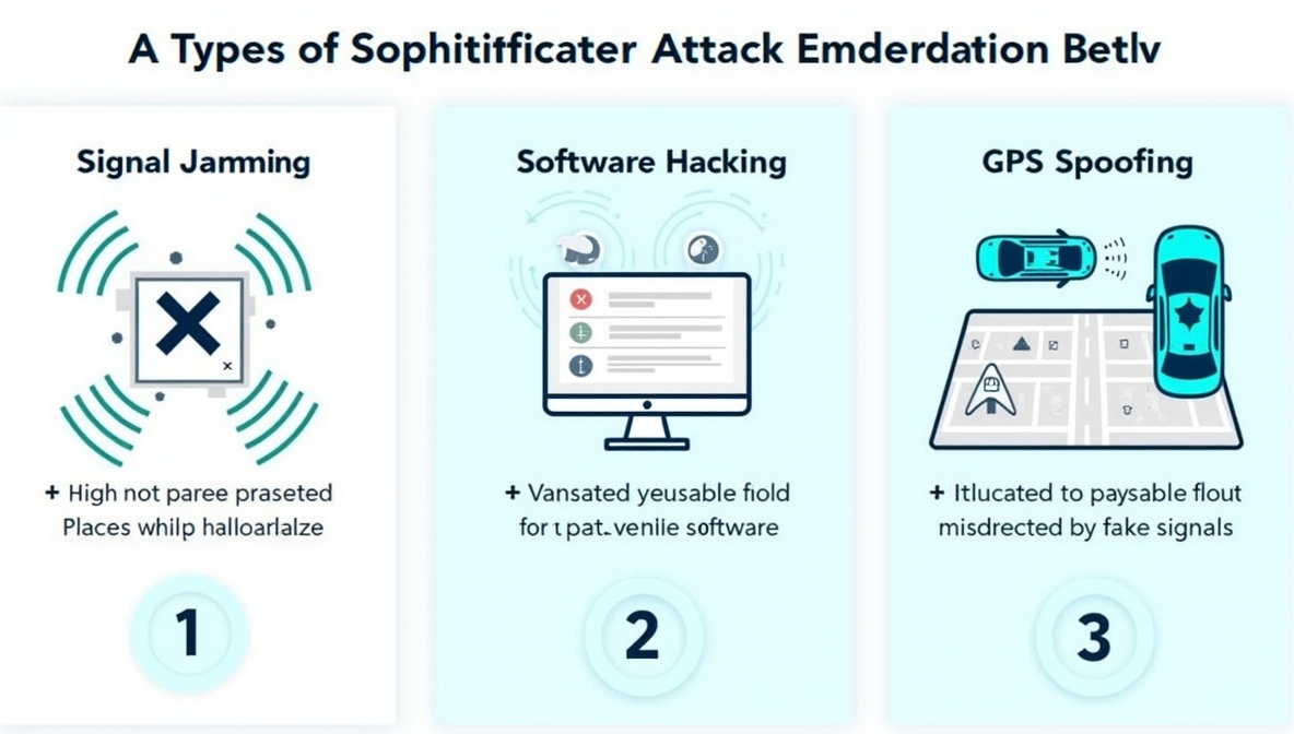 Infographic showing types of attacks on autonomous vehicles: signal jamming, hacking, GPS spoofing.