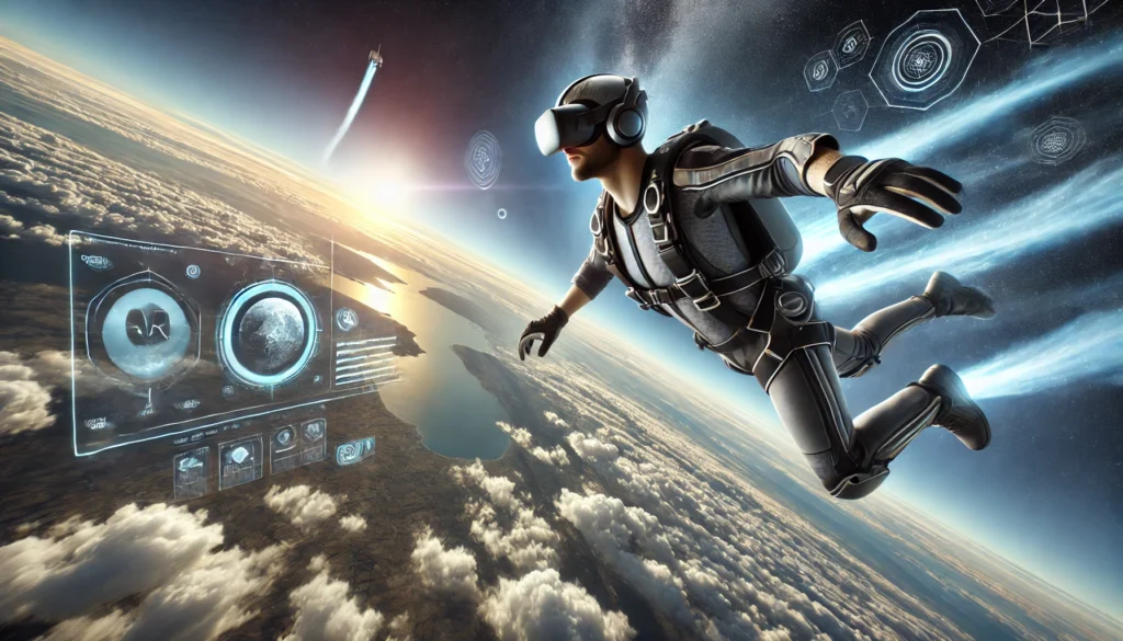 A person experiencing virtual reality skydiving with a VR headset, floating mid-air in a thrilling freefall.