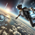 A person experiencing virtual reality skydiving with a VR headset, floating mid-air in a thrilling freefall.