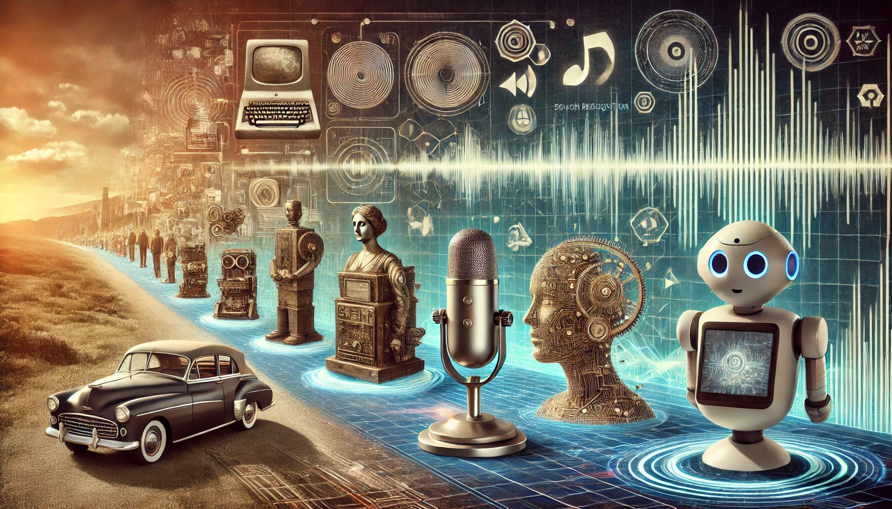 Voice Recognition Technology evolution from the 1950s to today, featuring vintage computers and modern AI speech assistants.