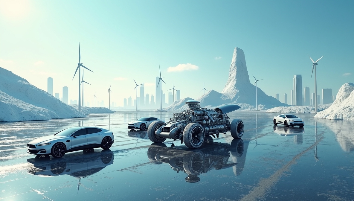 Futuristic vehicles with advanced ICE technology, showcasing cleaner, more efficient transportation.