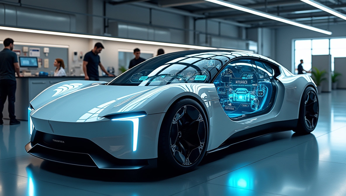 Advanced electric vehicle with futuristic design, autonomous sensors, and high-tech interior.