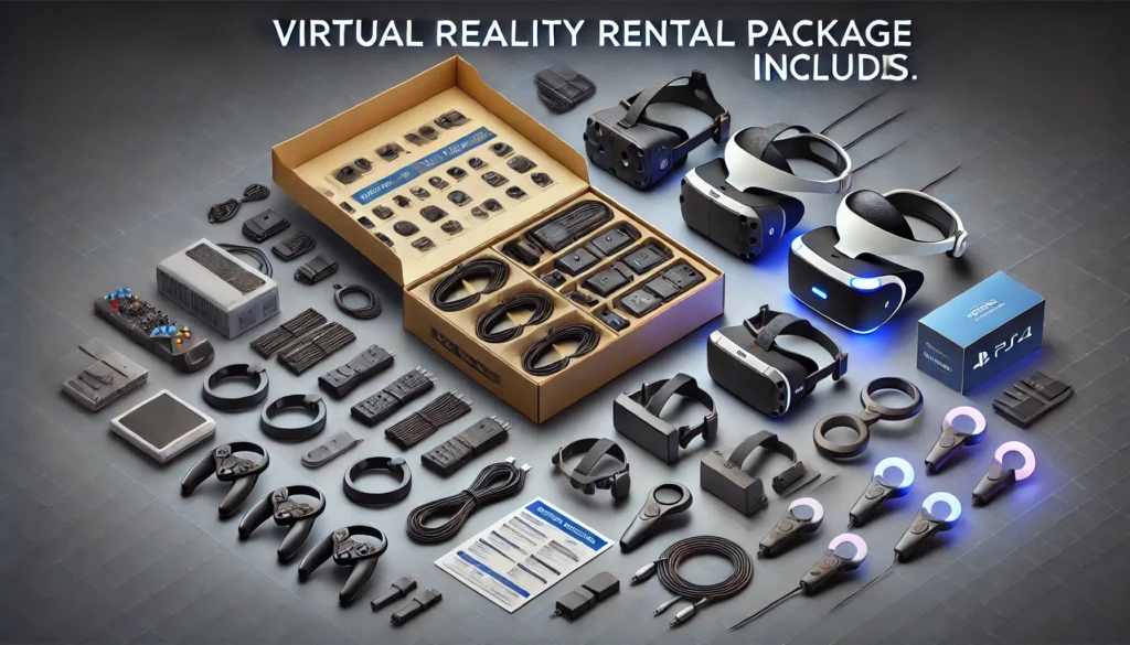 Virtual Reality Rental package with headsets, controllers, and accessories for an immersive experience.