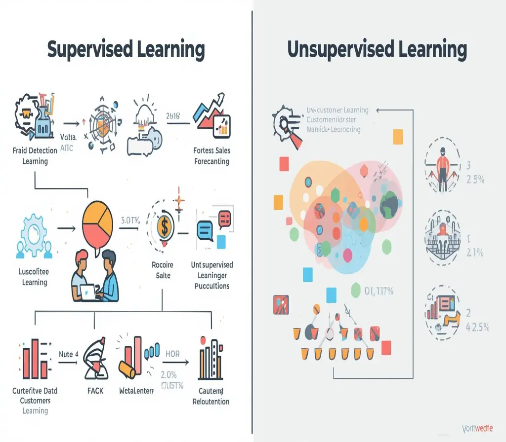 Comparison of supervised vs unsupervised learning applications in business, from fraud detection to customer segmentation.