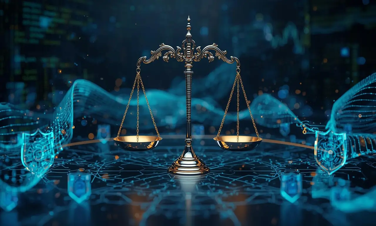 Symbolic glowing digital scale balancing fairness and bias, surrounded by AI circuit patterns, representing ethical AI governance and fair algorithms