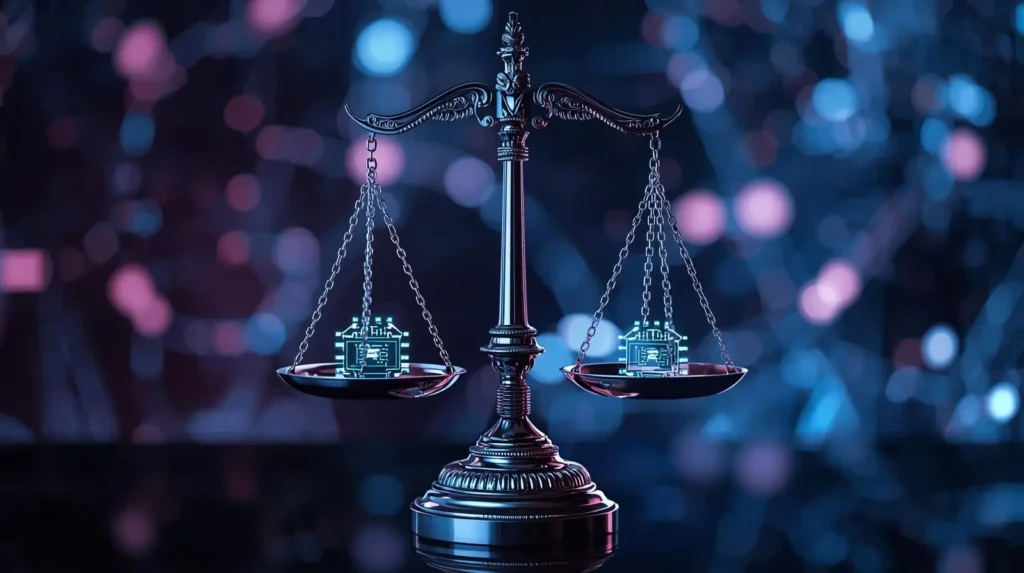 AI ethics concept, scales of justice with glowing AI circuits, futuristic technology background